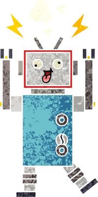 retro illustration style cartoon crazy broken robot