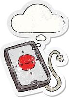 cartoon mobile phone device and thought bubble as a distressed worn sticker vector