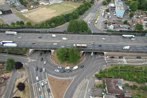 Aerial view of British Motorways M1 Junction 11, The M1 motorway connects London to Leeds, where it joins the A1 near Aberford, to connect to Newcastle. It was the first inter urban motorway photo