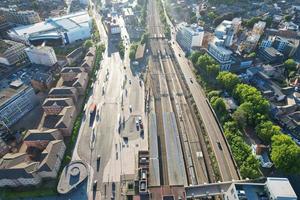 High Angle Drone's View of Luton City Center and Railway Station, Luton England. Luton is town and borough with unitary authority status, in the ceremonial county of Bedfordshire photo