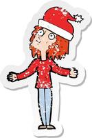 retro distressed sticker of a cartoon woman ready for christmas vector