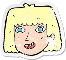 pegatina retro angustiada de una cara femenina feliz de dibujos animados vector