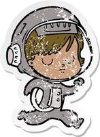 distressed sticker of a cartoon astronaut woman vector