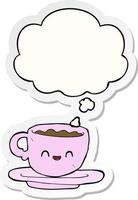 cartoon hot cup of coffee and thought bubble as a printed sticker vector