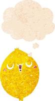 cartoon happy lemon and thought bubble in retro textured style vector