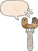 cartoon sausage on fork and speech bubble in retro texture style vector