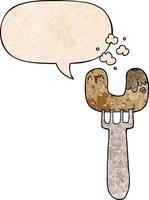 cartoon sausage on fork and speech bubble in retro texture style vector