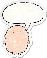 cute fat cartoon human and speech bubble distressed sticker vector
