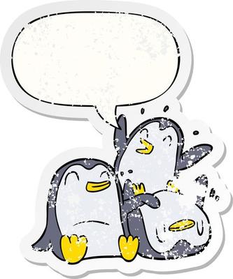 cartoon happy penguins and speech bubble distressed sticker