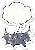 cartoon happy vampire bat and thought bubble as a distressed worn sticker vector