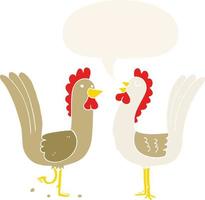 cartoon chickens and speech bubble in retro style vector