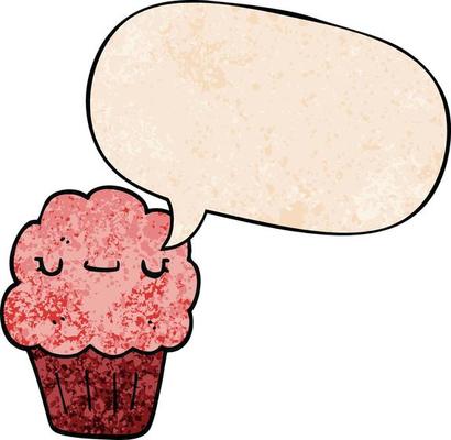 cartoon muffin and speech bubble in retro texture style
