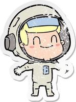 distressed sticker of a happy cartoon astronaut man vector