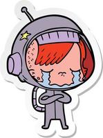 pegatina de una niña astronauta llorando de dibujos animados vector