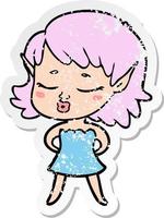 distressed sticker of a pretty cartoon elf girl vector