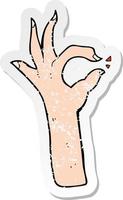retro distressed sticker of a cartoon most excellent hand gesture vector