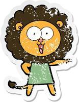 distressed sticker of a happy cartoon lion vector