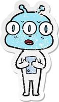 distressed sticker of a cartoon three eyed alien vector