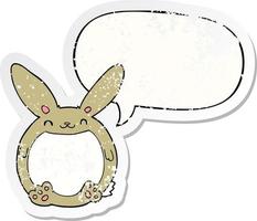 pegatina angustiada de conejo de dibujos animados y burbuja de habla vector