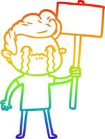 rainbow gradient line drawing cartoon man crying holding sign vector