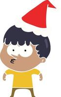 flat color illustration of a curious boy wearing santa hat vector