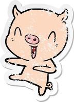 distressed sticker of a cartoon pig dancing vector