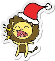 sticker cartoon of a roaring lion wearing santa hat vector