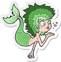 sticker of a cartoon mermaid blowing a kiss vector
