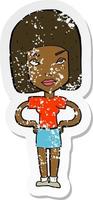 retro distressed sticker of a cartoon annoyed woman vector