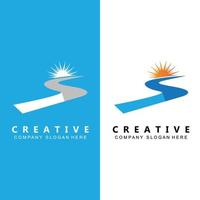 diseño de logotipo de río y sol, ilustración de paisaje natural, vector de marca de empresa