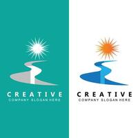 River And Sun Logo Design, Natural Landscape Illustration, Company Brand Vector