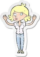 retro distressed sticker of a cartoon woman surrendering vector