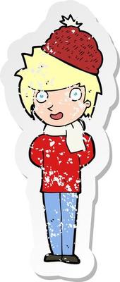 retro distressed sticker of a cartoon winter man