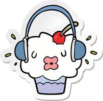 sticker of a cartoon cupcake listening to music vector