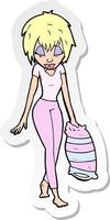 sticker of a cartoon woman going to bed vector
