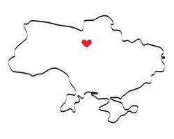 Minimalistic drawing of a map of Ukraine with a red heart in the place where Kyiv. vector