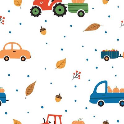 Seamless pattern with cars, leaves and harvesting.