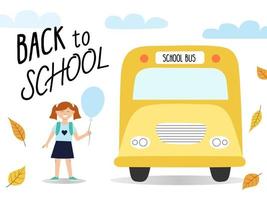 Back to school banner girl with a balloon gets on the bus. Vector illustration in hand-drawn flat style