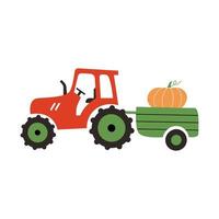 un tractor rojo con una calabaza en un carro. vector