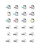 Icons for expanding formats. File Icons. Vector flat icons with gradient, isolated on white background. Fashionable style. Icons for website and print. Icons of files png, jpeg, ai, esp, cdr