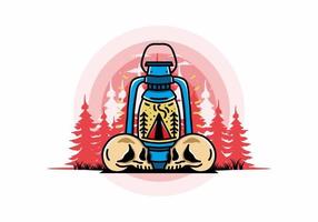 Outdoor lantern with triangle camping tent and two skull illustration vector