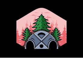 Big family tent and pine trees illustration badge design vector