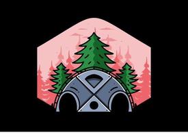 Big family tent and pine trees illustration badge design vector