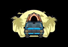 Camping on the roof of car illustration badge design vector