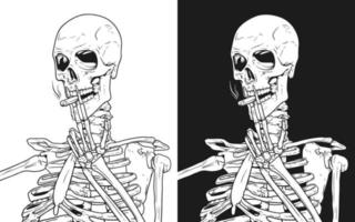 Skeleton smoking cigarette line art vector illustration