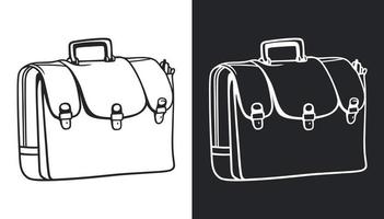 Black and white line art of a briefcase with a handle and a clasp. Vector illustration