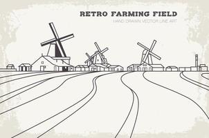 Ilustración de vector de arte de línea de campo de cultivo retro