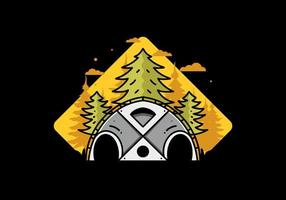 Big family tent and pine trees illustration badge design vector