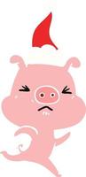 flat color illustration of a annoyed pig running wearing santa hat vector