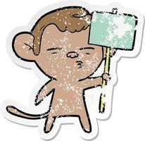 distressed sticker of a cartoon suspicious monkey with signpost vector